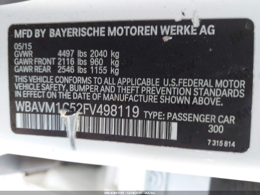 2015 BMW X1 Sdrive28I VIN: WBAVM1C52FV498119 Lot: 43942195