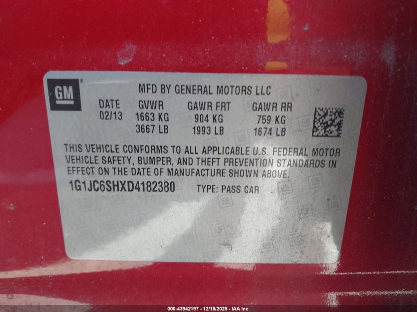 2013 Chevrolet Sonic Lt Auto VIN: 1G1JC6SHXD4182380 Lot: 43942197