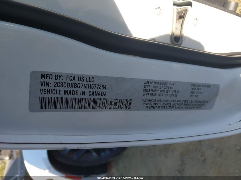 2021 Dodge Charger Sxt Rwd VIN: 2C3CDXBG7MH677864 Lot: 43942199