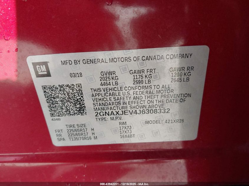 2018 Chevrolet Equinox Lt VIN: 2GNAXJEV4J6308332 Lot: 43942201