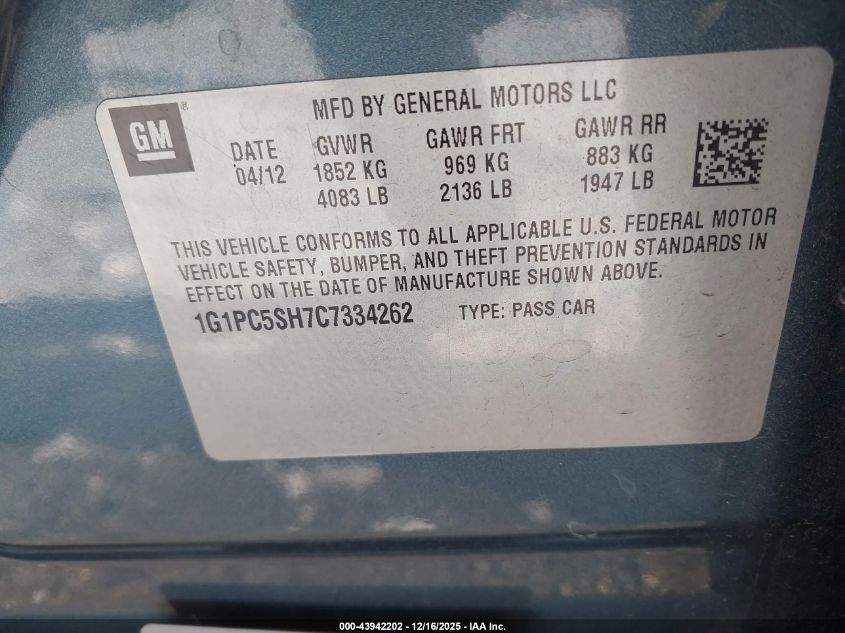 2012 Chevrolet Cruze Ls VIN: 1G1PC5SH7C7334262 Lot: 43942202