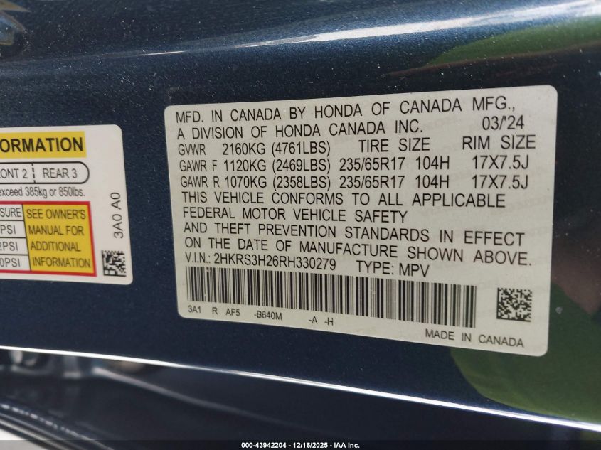2024 Honda Cr-V Lx 2Wd VIN: 2HKRS3H26RH330279 Lot: 43942204