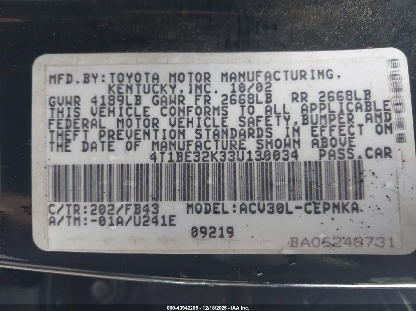 2003 Toyota Camry Le VIN: 4T1BE32K33U130034 Lot: 43942205