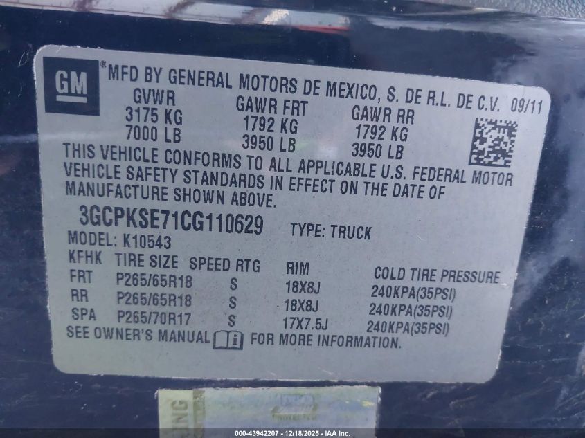 2012 Chevrolet Silverado 1500 Lt VIN: 3GCPKSE71CG110629 Lot: 43942207