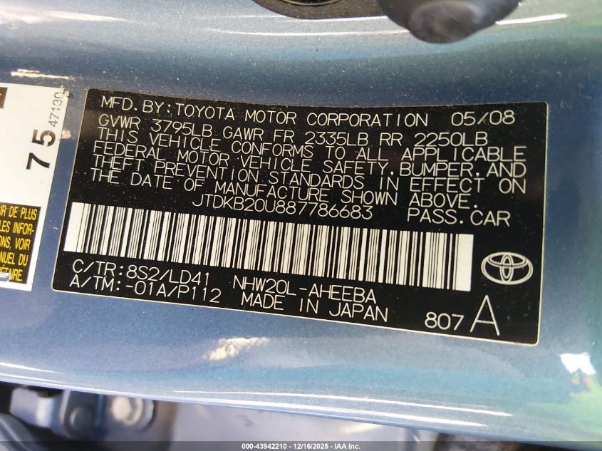 2008 Toyota Prius VIN: JTDKB20U887786683 Lot: 43942210
