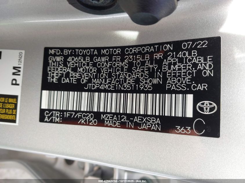 2022 Toyota Corolla Se VIN: JTDP4MCE1N3511935 Lot: 43942214