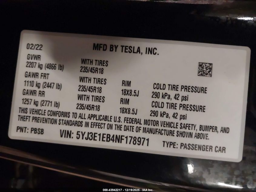 2022 Tesla Model 3 Long Range Dual Motor All-Wheel Drive VIN: 5YJ3E1EB4NF178971 Lot: 43942217