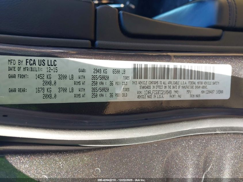 2015 Jeep Grand Cherokee High Altitude VIN: 1C4RJFCG3FC210549 Lot: 43942218