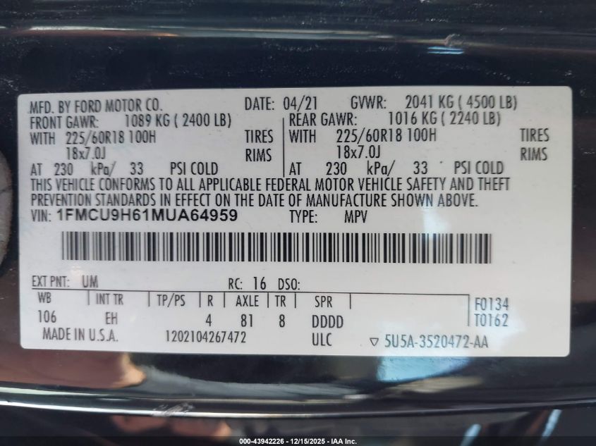 2021 Ford Escape Sel VIN: 1FMCU9H61MUA64959 Lot: 43942226