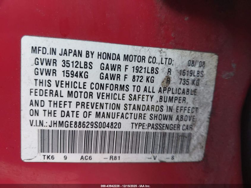 2009 Honda Fit Sport VIN: JHMGE88629S004820 Lot: 43942228