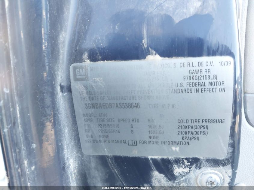 2010 Chevrolet Hhr Ls VIN: 3GNBAEDB7AS538646 Lot: 43942230