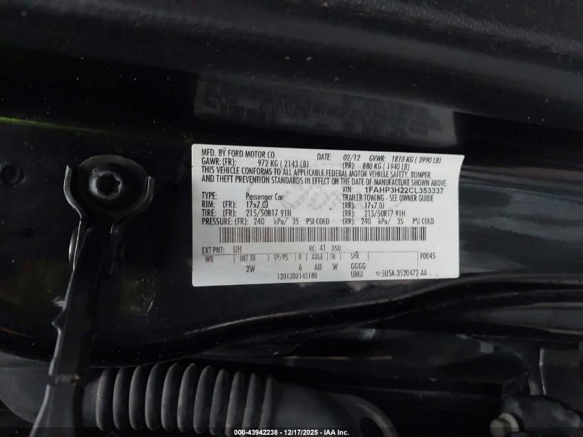 2012 Ford Focus Sel VIN: 1FAHP3H22CL353337 Lot: 43942238