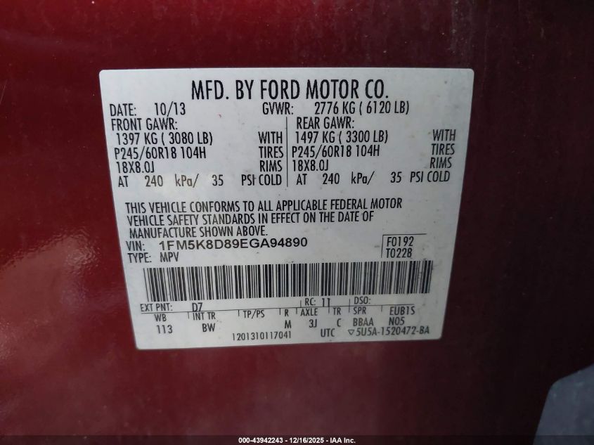 2014 Ford Explorer Xlt VIN: 1FM5K8D89EGA94890 Lot: 43942243