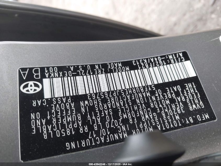 2018 Toyota Corolla Le VIN: 5YFBURHE5JP765763 Lot: 43942246