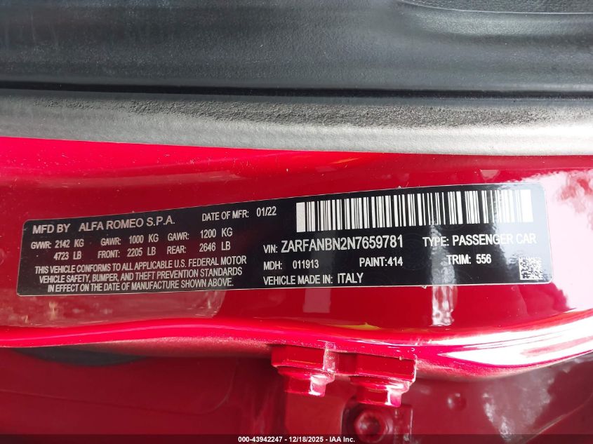 2022 Alfa Romeo Giulia Ti Awd VIN: ZARFANBN2N7659781 Lot: 43942247