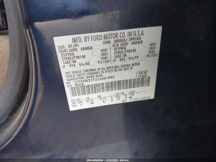 2001 Ford F-250 Lariat/Xl/Xlt VIN: 1FTNW21F31EB81893 Lot: 43942248