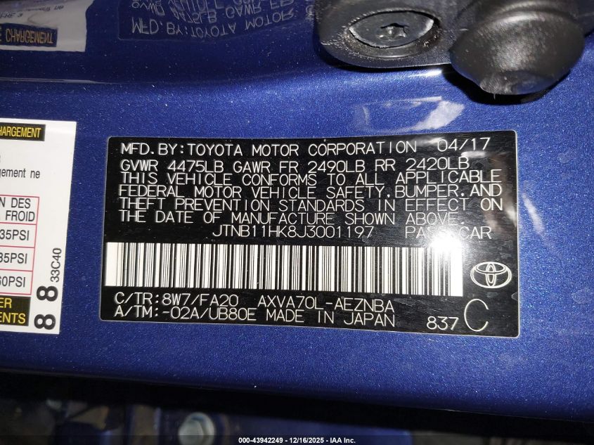 2018 Toyota Camry Le VIN: JTNB11HK8J3001197 Lot: 43942249