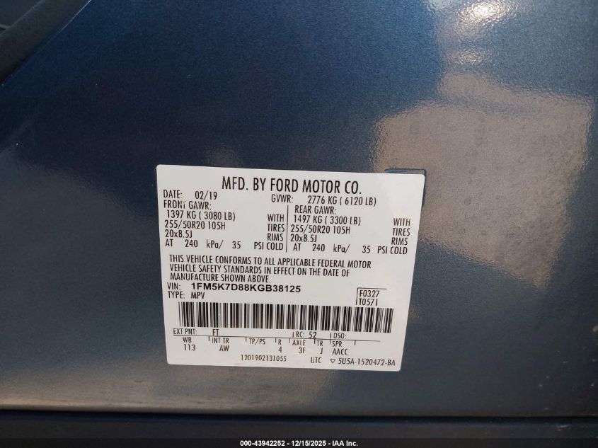 2019 Ford Explorer Xlt VIN: 1FM5K7D88KGB38125 Lot: 43942252