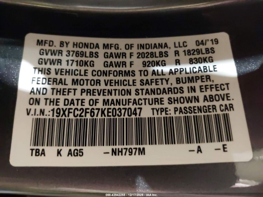2019 Honda Civic Lx VIN: 19XFC2F67KE037047 Lot: 43942255