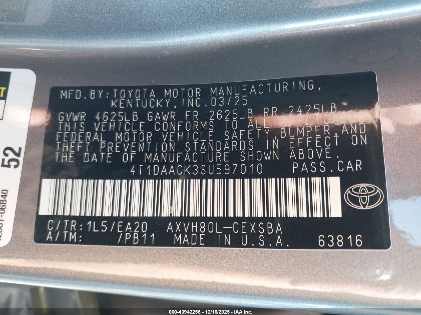 2025 Toyota Camry Se VIN: 4T1DAACK3SU597010 Lot: 43942256