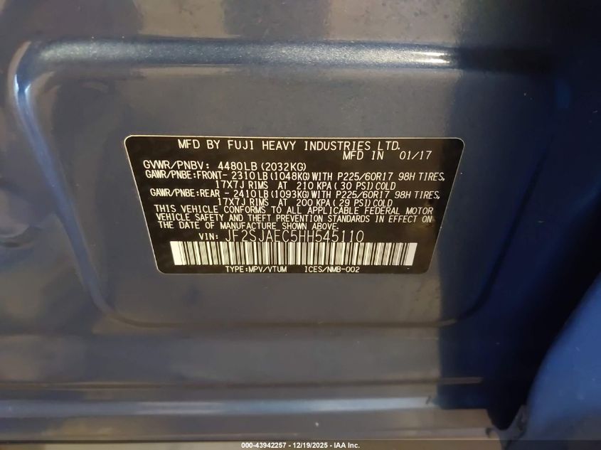 2017 Subaru Forester 2.5I Premium VIN: JF2SJAEC5HH545110 Lot: 43942257