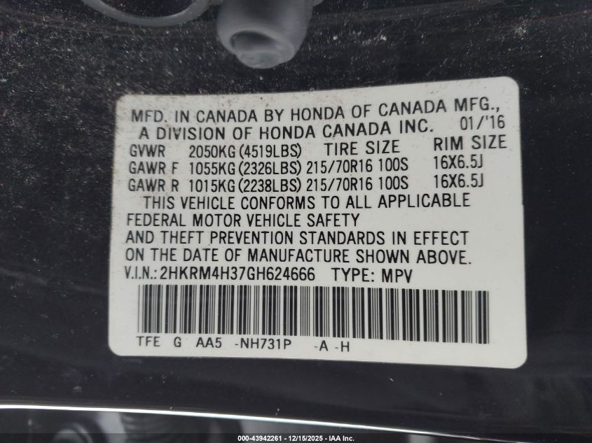 2016 Honda Cr-V Lx VIN: 2HKRM4H37GH624666 Lot: 43942261