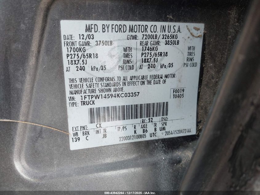 2004 Ford F-150 Fx4/Lariat/Xlt VIN: 1FTPW14594KC03357 Lot: 43942264