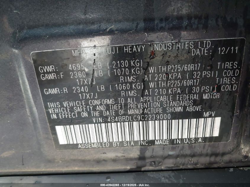 2012 Subaru Outback 3.6R Limited VIN: 4S4BRDLC9C2239000 Lot: 43942265