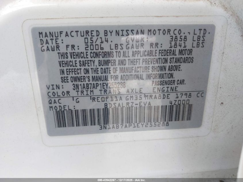 2014 Nissan Sentra Sr VIN: 3N1AB7AP1EY255288 Lot: 43942267