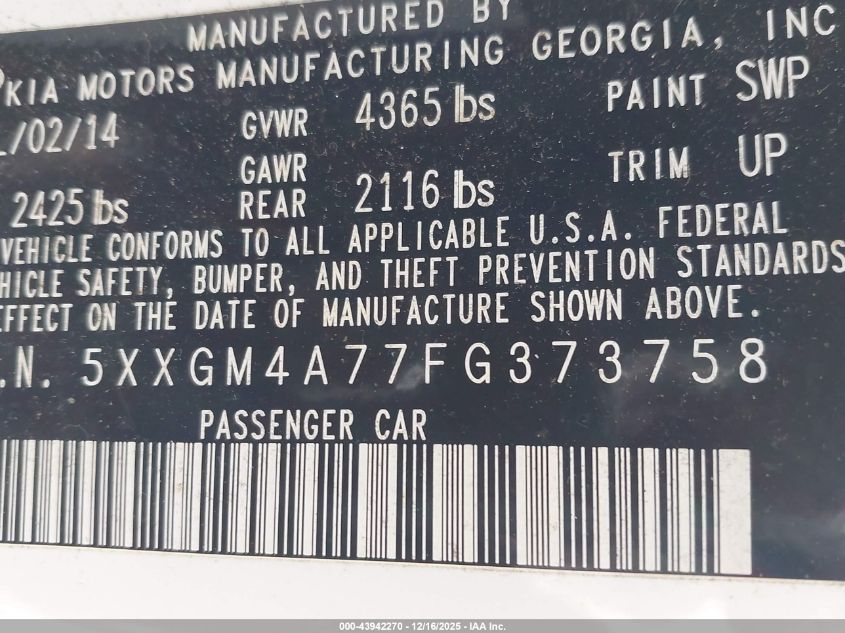 2015 Kia Optima Lx VIN: 5XXGM4A77FG373758 Lot: 43942270
