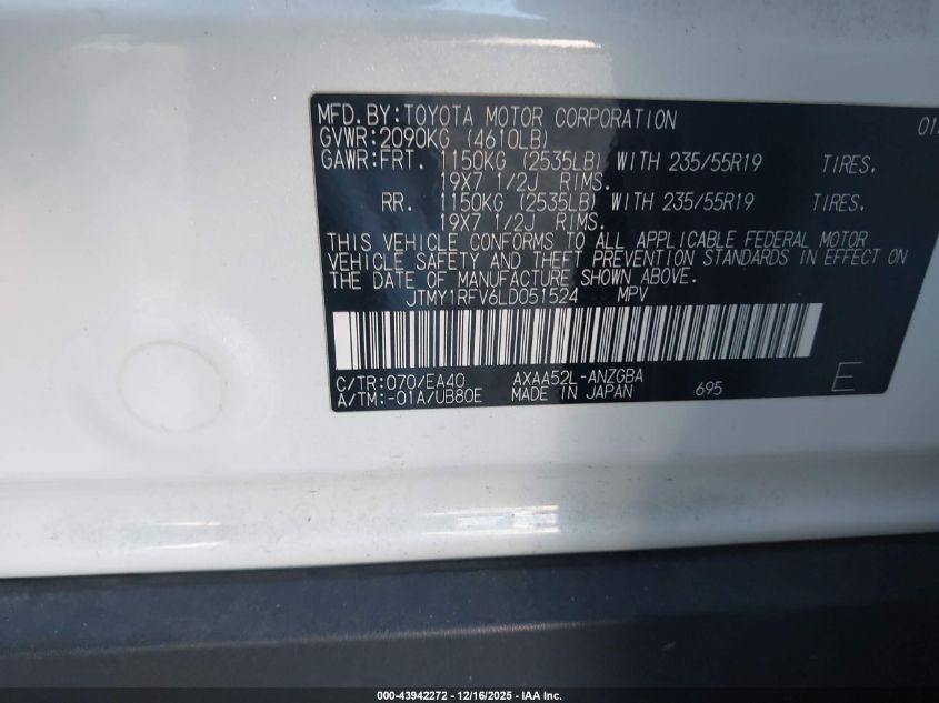 2020 Toyota Rav4 Limited VIN: JTMY1RFV6LD051524 Lot: 43942272