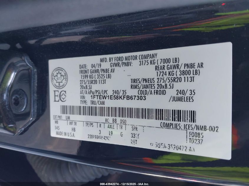 2019 Ford F-150 Lariat VIN: 1FTEW1E58KFB67303 Lot: 43942274