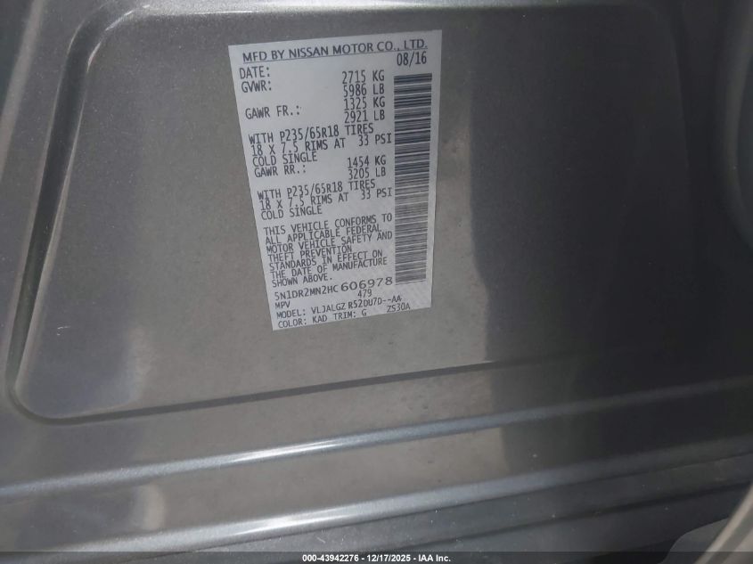 2017 Nissan Pathfinder Sl VIN: 5N1DR2MN2HC606978 Lot: 43942276
