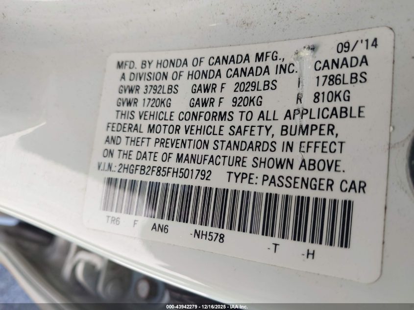 2015 Honda Civic Ex VIN: 2HGFB2F85FH501792 Lot: 43942279