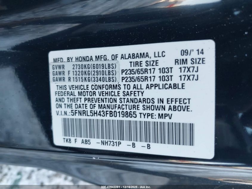 2015 Honda Odyssey Ex VIN: 5FNRL5H43FB019865 Lot: 43942281