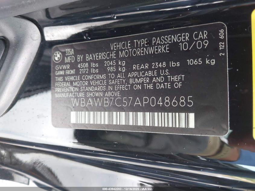2010 BMW 335I VIN: WBAWB7C57AP048685 Lot: 43942283