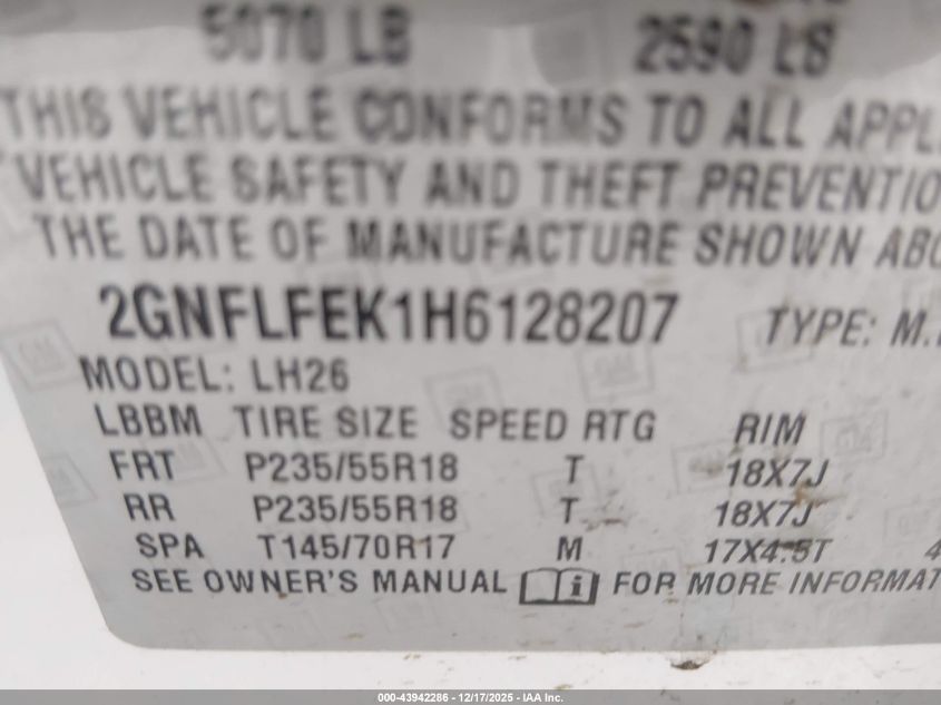 2017 Chevrolet Equinox Lt VIN: 2GNFLFEK1H6128207 Lot: 43942286