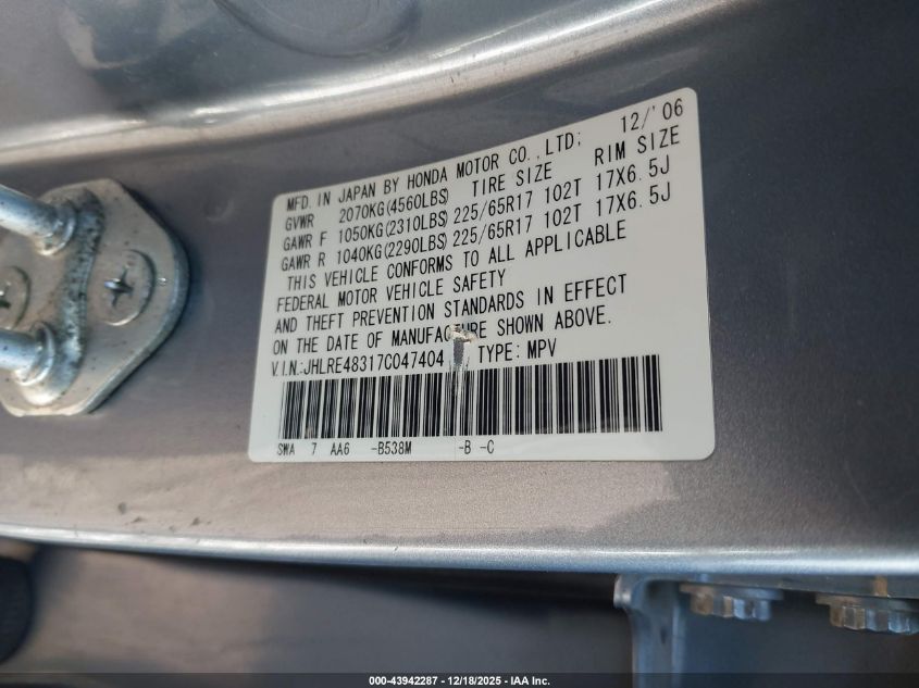 2007 Honda Cr-V Lx VIN: JHLRE48317C047404 Lot: 43942287