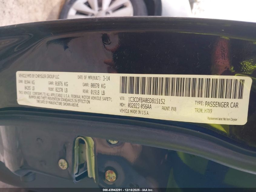 2014 Dodge Dart Sxt VIN: 1C3CDFBA0ED815152 Lot: 43942291