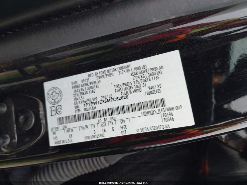 2021 Ford F-150 Tremor VIN: 1FTEW1E88MFC82626 Lot: 43942296