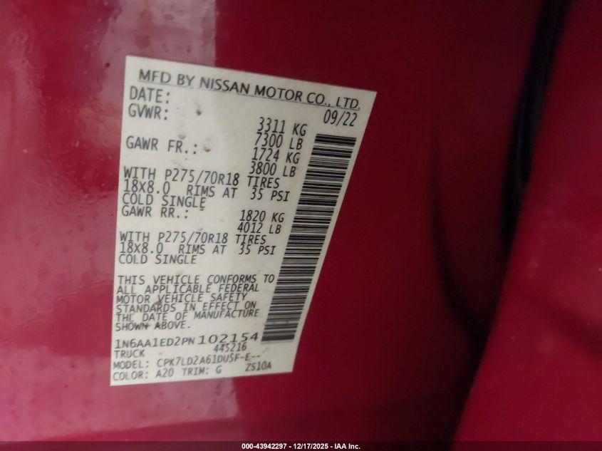 2023 Nissan Titan Pro-4X 4X4 VIN: 1N6AA1ED2PN102154 Lot: 43942297