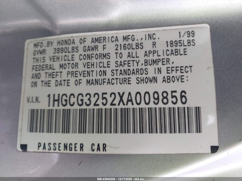 1999 Honda Accord Ex VIN: 1HGCG3252XA009856 Lot: 43942302