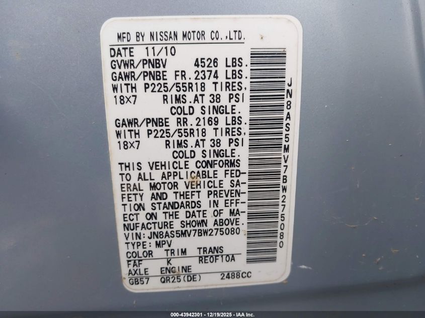 2011 Nissan Rogue Sv VIN: JN8AS5MV7BW275080 Lot: 43942301