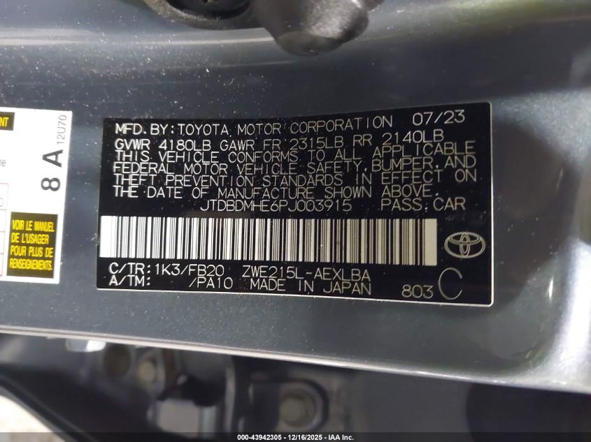 2023 Toyota Corolla Hybrid Le VIN: JTDBDMHE6PJ003915 Lot: 43942305