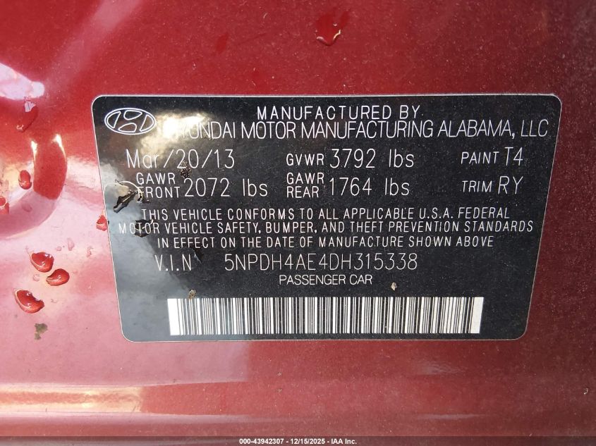 2013 Hyundai Elantra Limited VIN: 5NPDH4AE4DH315338 Lot: 43942307