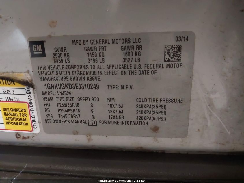 2014 Chevrolet Traverse 1Lt VIN: 1GNKVGKD3EJ310249 Lot: 43942312