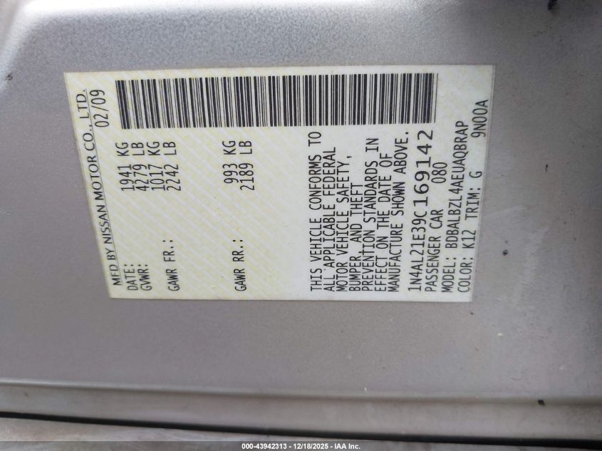 2009 Nissan Altima 2.5 S VIN: 1N4AL21E39C169142 Lot: 43942313