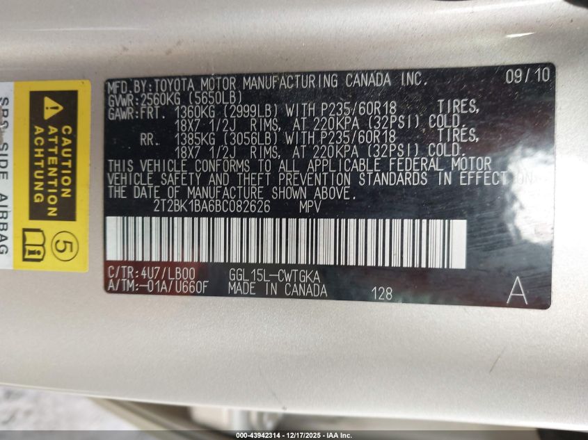 2011 Lexus Rx 350 VIN: 2T2BK1BA6BC082626 Lot: 43942314