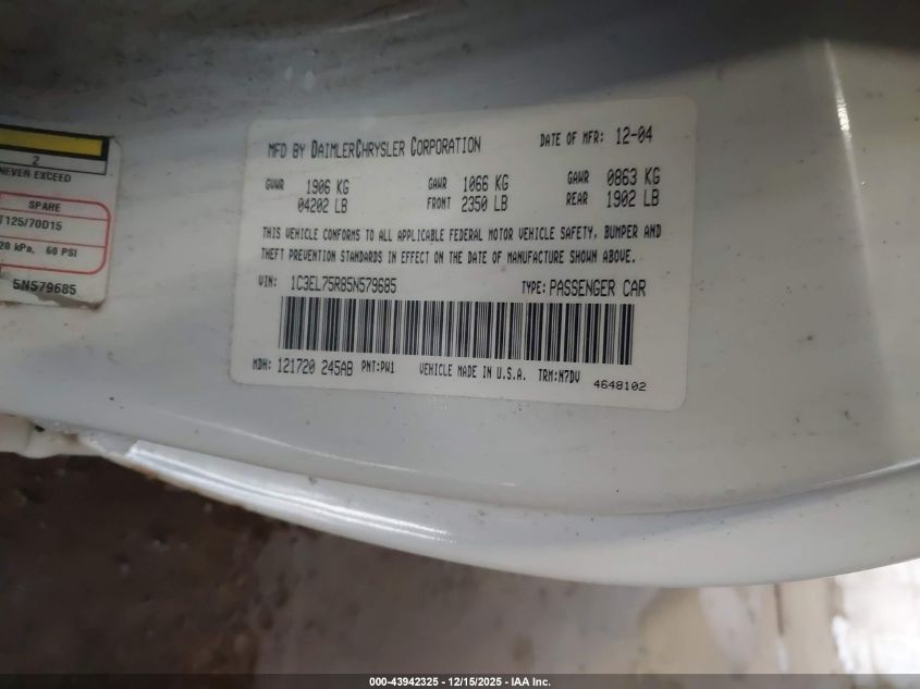 2005 Chrysler Sebring Gtc VIN: 1C3EL75R85N579685 Lot: 43942325
