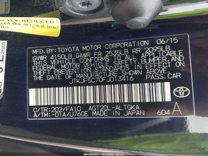 2015 Scion Tc VIN: JTKJF5C70FJ013416 Lot: 43942331